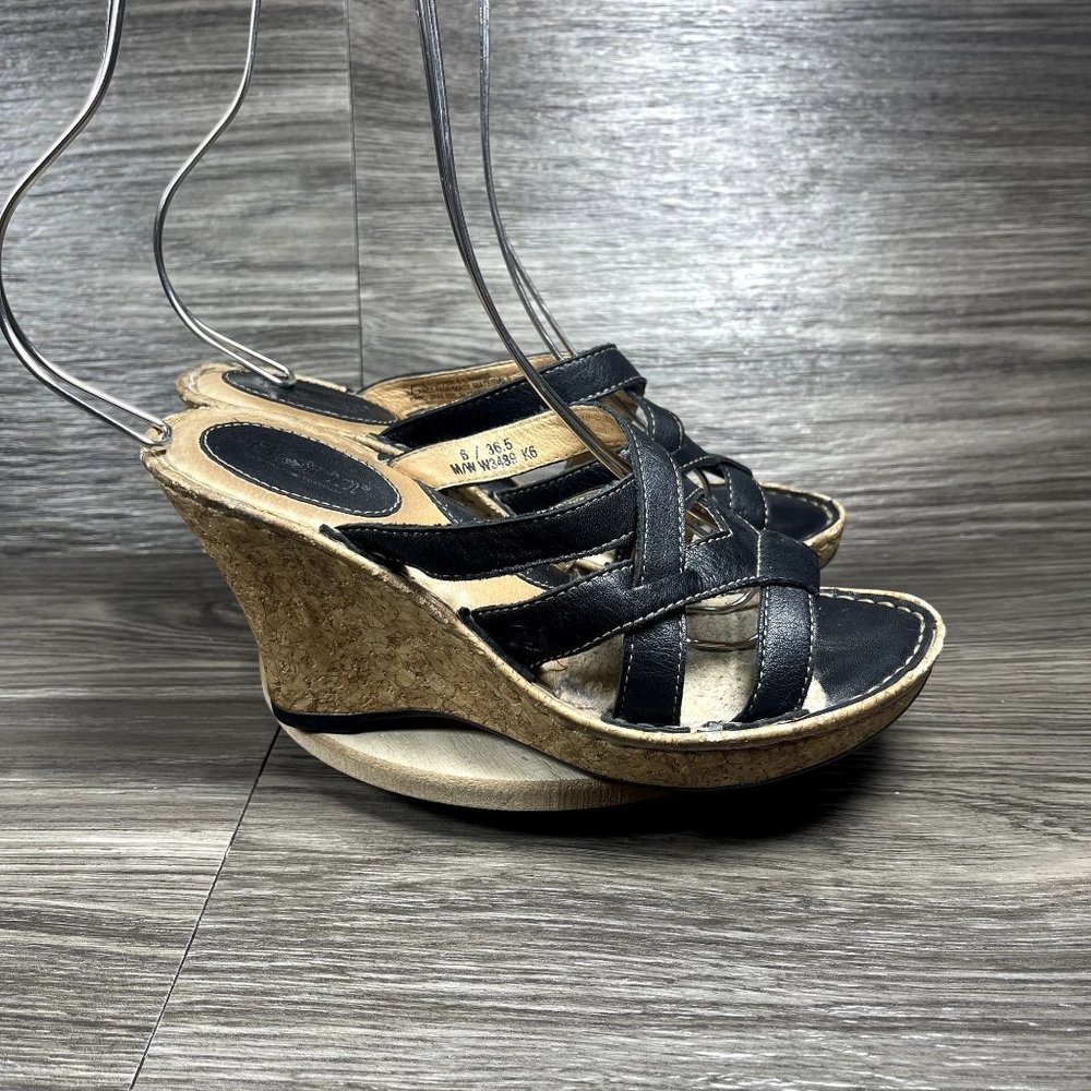 Born Women's Black Leather Slip On Wedge Heels Shoe SIze 6
